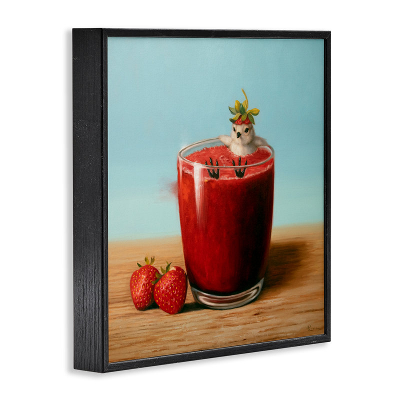 Oiseau dans une boisson à la fraise, estampe numérique encadrée par Lucia Heffernan, H 24 po x l 24 po