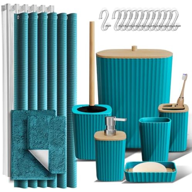 Ensemble d'accessoires de salle de bain - Ensemble de salle de bain, Ensemble de salle de bain avec rideau de douche et tapis, Ensemble de rideau de douche avec poubelle de salle de bain - Bleu sarcelle - 22 pièces