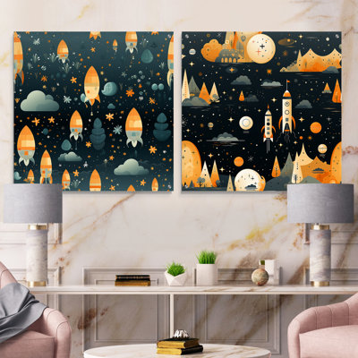Fusée spatiale pour chambre à coucher pour enfants - ensemble de 2 peintures murales en acrylique pour enfants