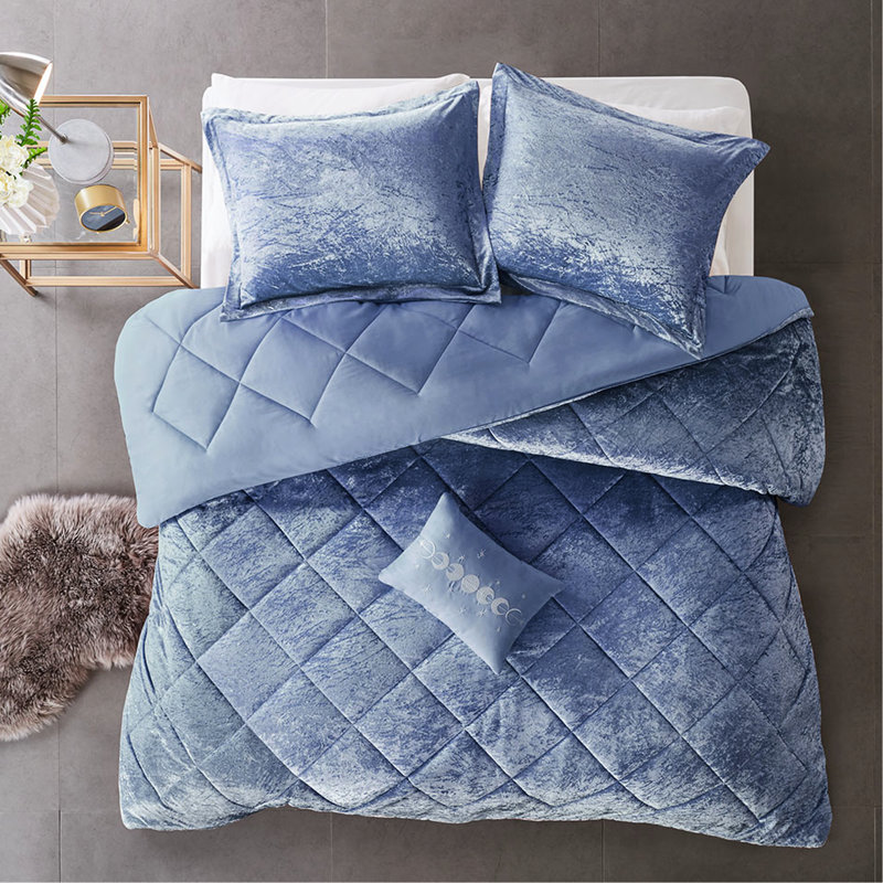 Lit simple / simple en velours bleu pervenche - rembourrage, édredon, 1 taie décorative, coussin, édredon lavable à la machine pour 2 taies décoratives, décoratif