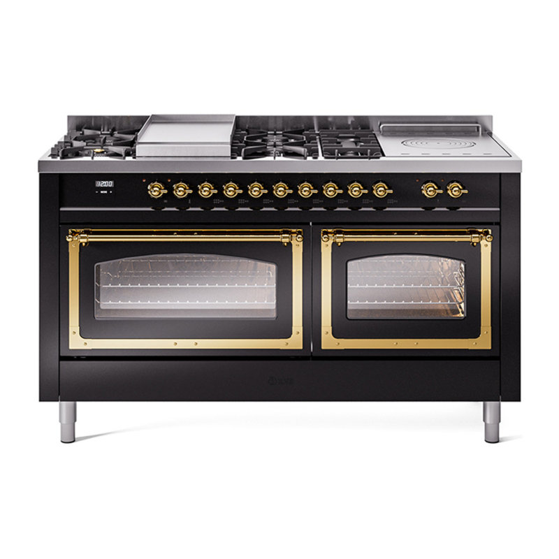 ILVE Nostalgie II Noblesse 60 po à 2 brûleurs, plaque chauffante, plaque de cuisson française, Noir brillant / laiton