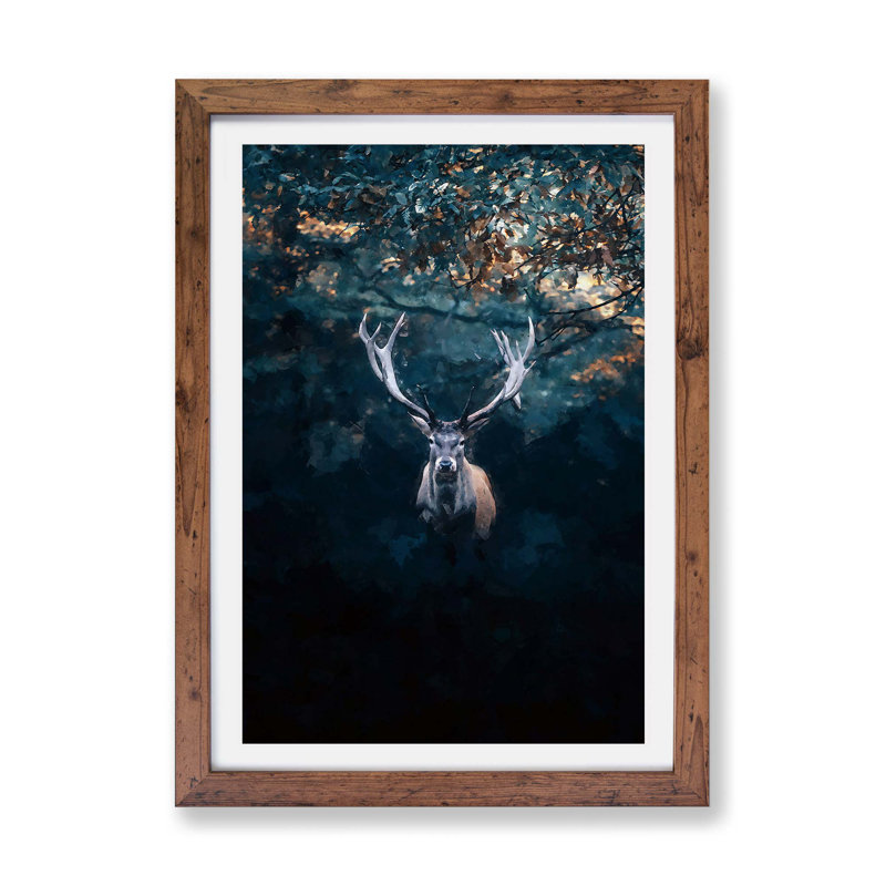 Deer Stag In The Forest - Single Picture Frame Print, 63cm H x 45cm W x 2cm D, Walnut