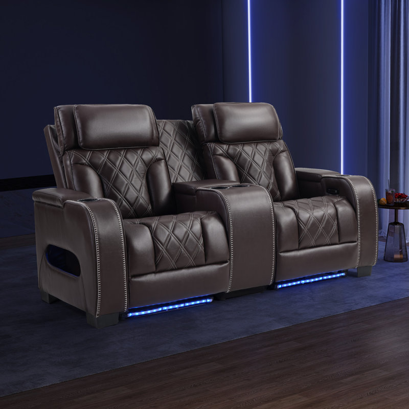 Causeuse inclinable électrique en cuir de 73 po de large avec appui-tête réglable et éclairage d'ambiance, Brun