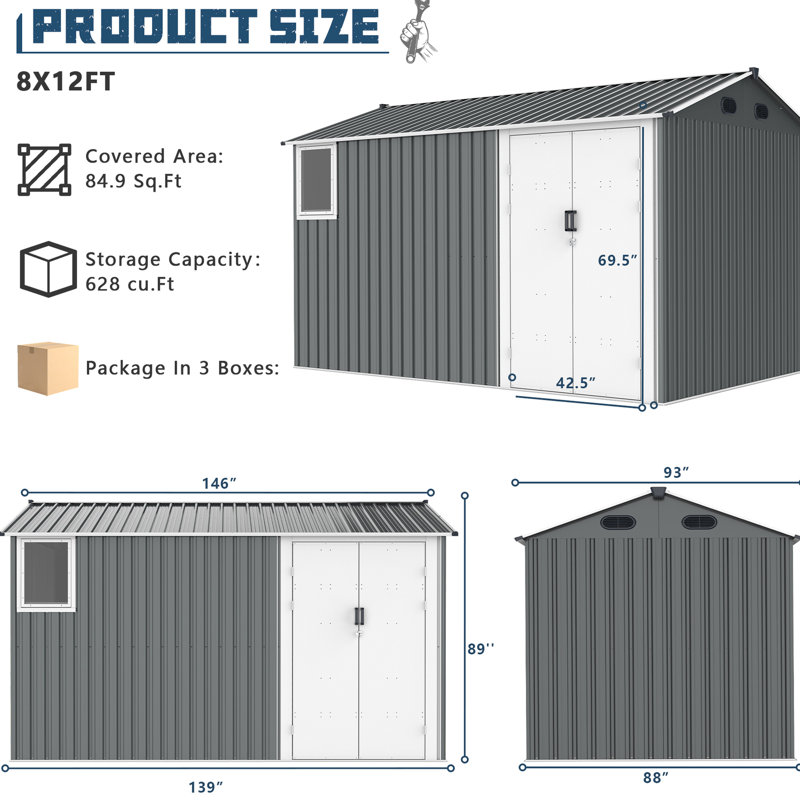 Remise en métal gris foncé 8 pi x 12 pi avec porte à double charnière et évent extérieur