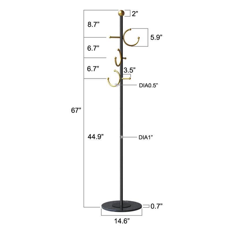 Leiani 6 - Hook Coat Rack with Marble Base, Compact Design Easy Assembly Crescent-Shaped Art Style