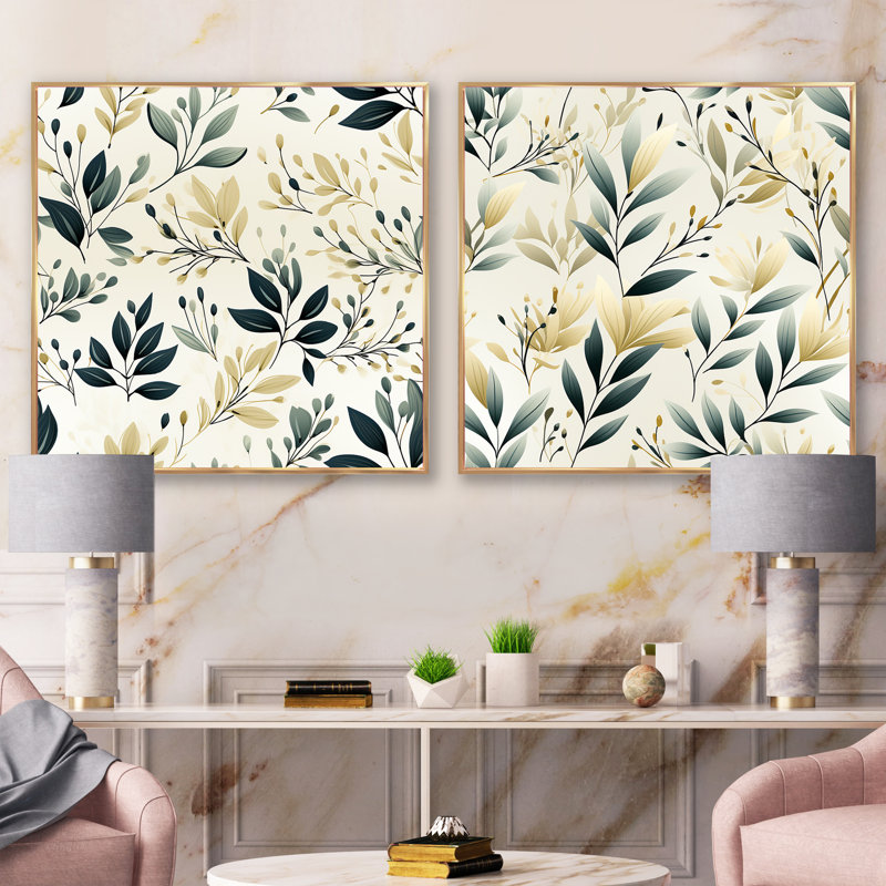 Swanage - Ensemble de 2 collages carrés floral et botanique, Cadre flottant doré, H 30 po x l 61 po