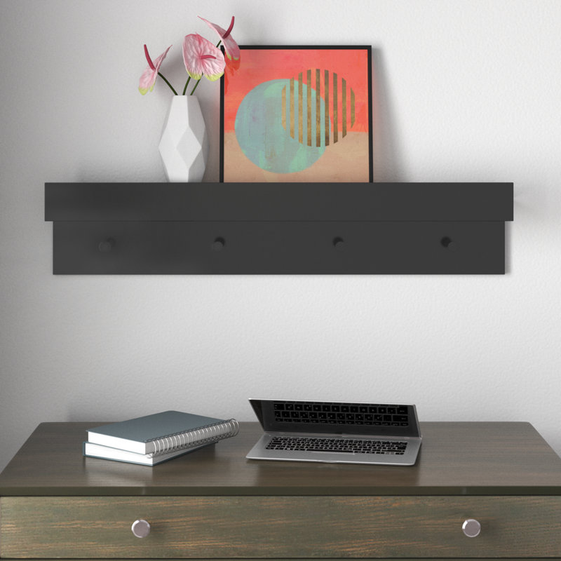 Creager Accent Shelf with Hooks, Black