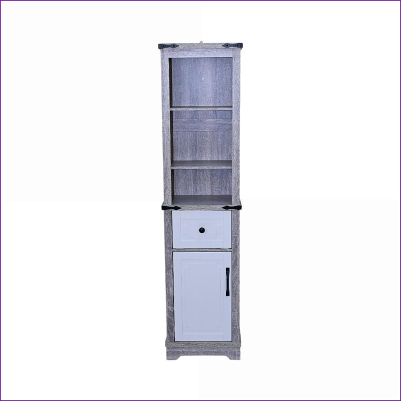 Cabinets, Light Gray Farmhouse Composite Wood Storage Cabinet with Adjustable Shelves &amp; Drawer, Tall Linen Tower, 15.55” W x 11.61” D x 62.99” H | Farmhouse | Bathroom