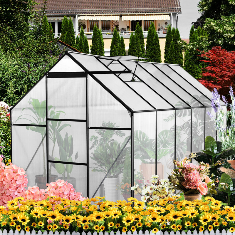 6X12 Ft Polycarbonate Greenhouse For Plants - Black With Efficient Drainage And Spacious Interior Outdoor Walk-In Galvanized Base Efficiency