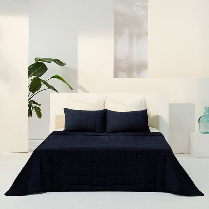 Polyester Plaid Quilt, Navy Blue, Twin Quilt + 1 Standard Sham