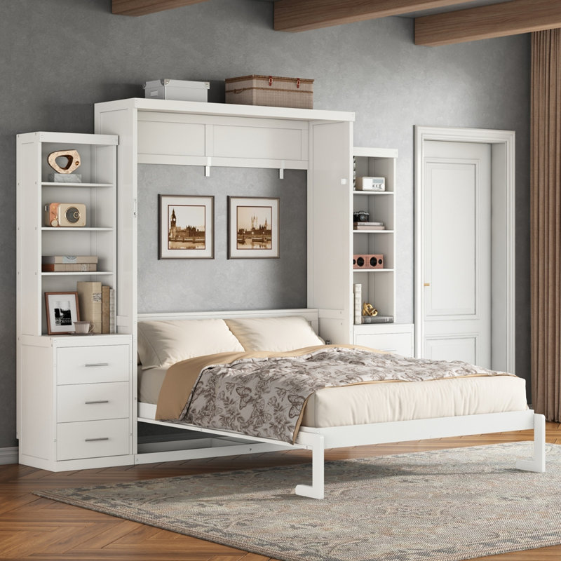 Lit escamotable avec tablettes de rangement et tiroirs Murphy, White