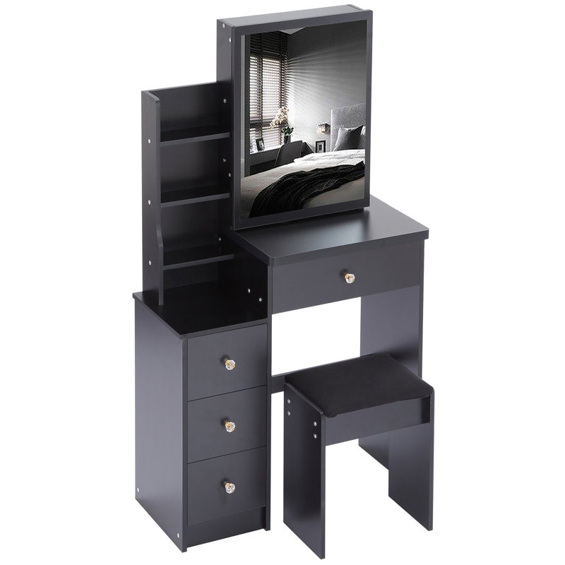 29.2" Small Space Left Bedside Cabinet Vanity Table + Cushioned Stool, Extra Large Right Sliding Mirror, Multi Layer High Capacity Storage, Practical Fashionable Dresser, Suitable For Small Space