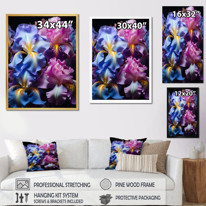 Iris mauve noir irisé II - décoration murale florale, H 20 po x l 12 po x P 1 po, Cadre naturel flottant