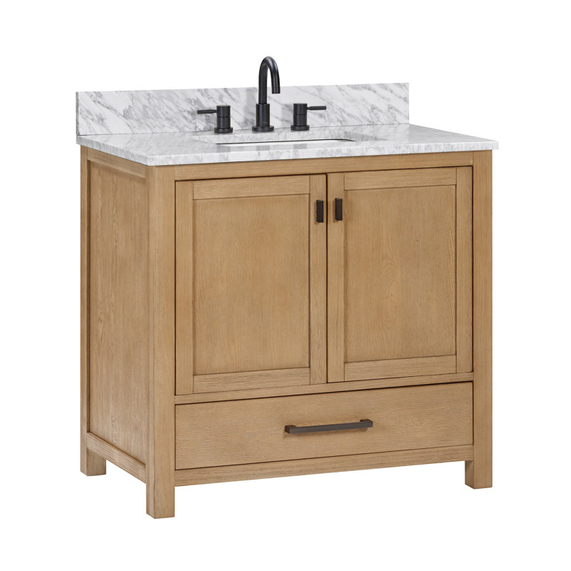Modero 36" Single Bathroom Vanity with Top, Carrera White Marble, Brushed Oak, Black