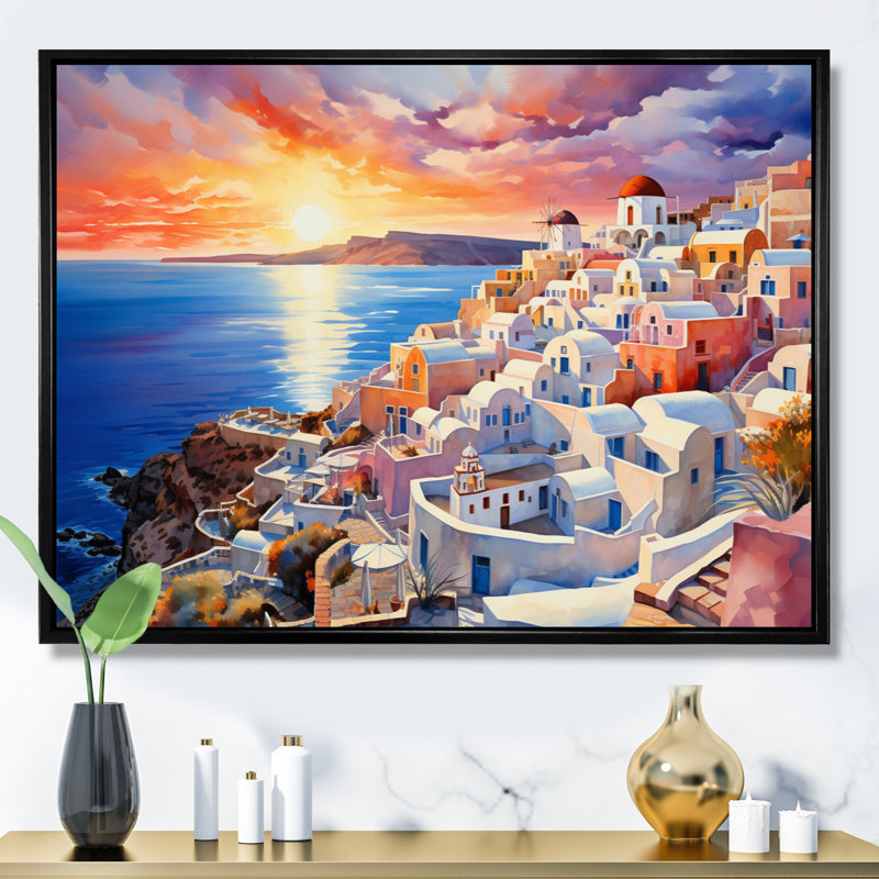 Grèce Oia Splendor I - Grèce, art mural, Cadre flottant noir, H 16 po x l 32 po x P 1 po