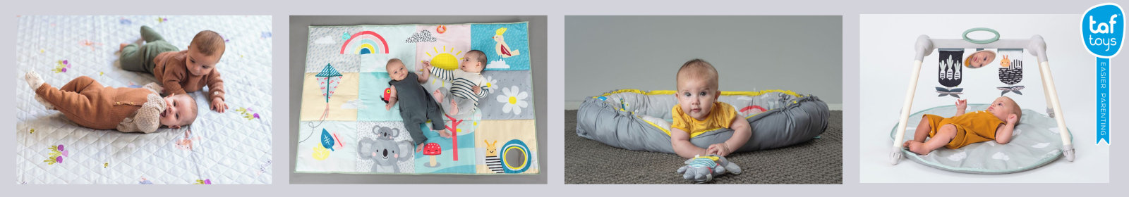 Images of Taf Toys playmat with children on, and gyms.