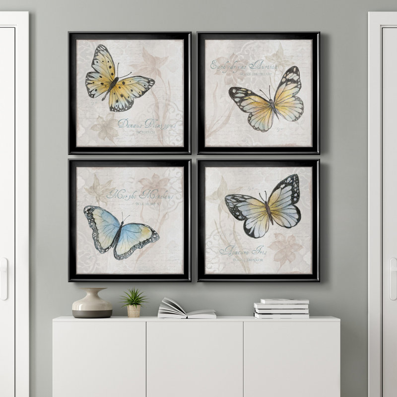 Carte postale papillon I - ensemble de 4 peintures sur toile encadrées, H 17,5 po x l 70 po x P 1,5 po, Noir