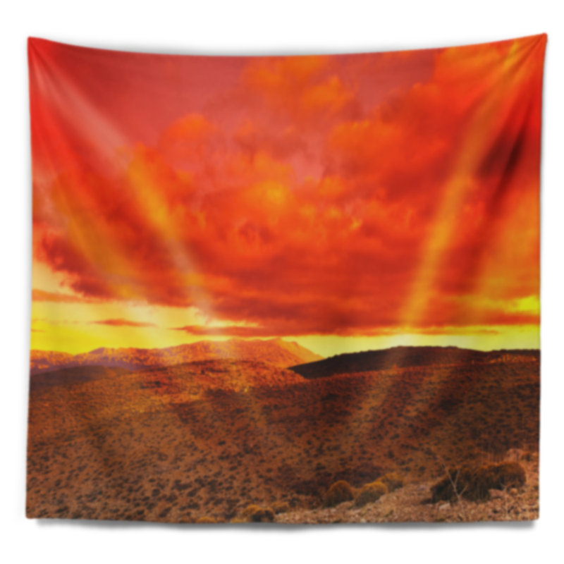 Paysage, coucher de soleil rouge dramatique au désert, H 78 po x l 92 po