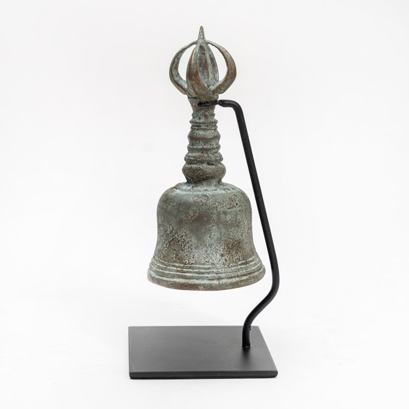 Lily''s Living 11"H Brown Bronze Small Ceremonial Bell With Stand, Art Statue Figurine Sculpture, Home Dcor Collectible