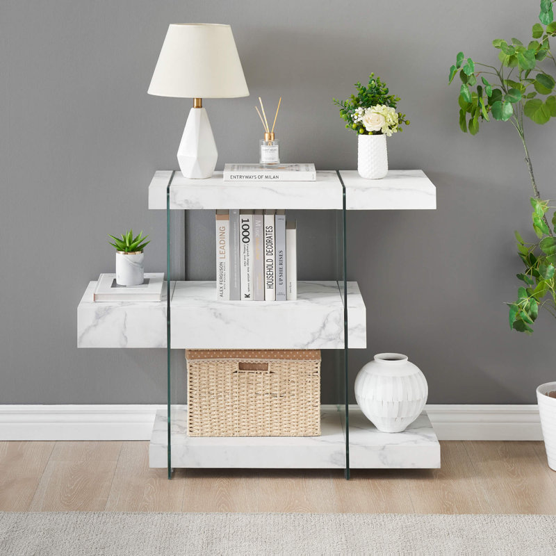 32" Length Narror Console Table with 3-Tier Shelves and a Hidden Drawer, Modern Entryway Table with Tempered Glass Frame