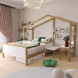 Full Size Wooden House Bed With Drawer, Desk And Bookshelf For Children Or Guest Room