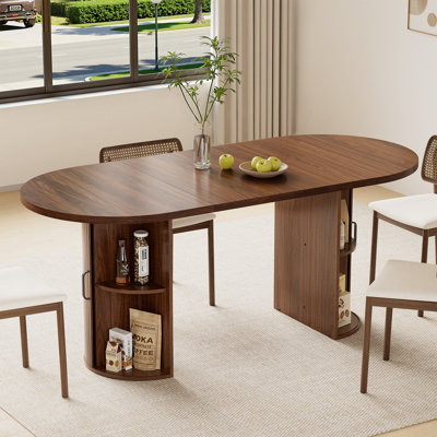 70.8" Oval Dining Table With Dual Side Storage For 4 6 Person Farmhouse Modern Wooden Table With Wood Strip Doors For Kitchen Dining Living Room Walnut