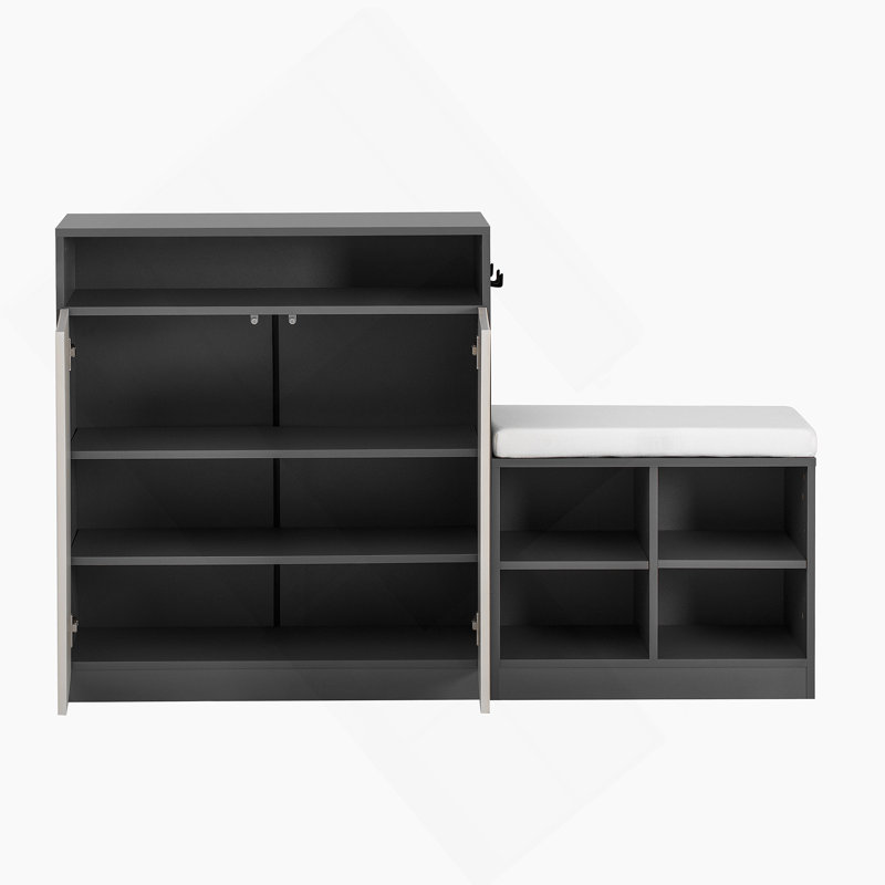 Living Room Cabinet With Shoe Bench, 2 Doors And 3-Tier Adjustable Shelves, Beige/Gray