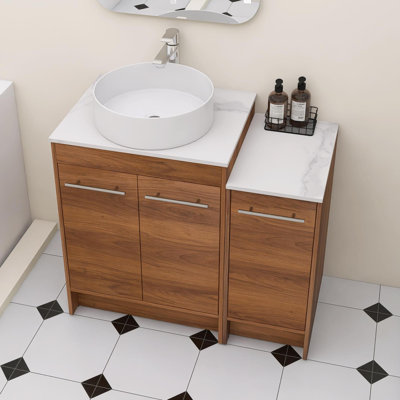 Meuble-lavabo autoportant de 36 pouces avec lavabo vasque en céramique blanche et 3 portes d'armoire à fermeture en douceur