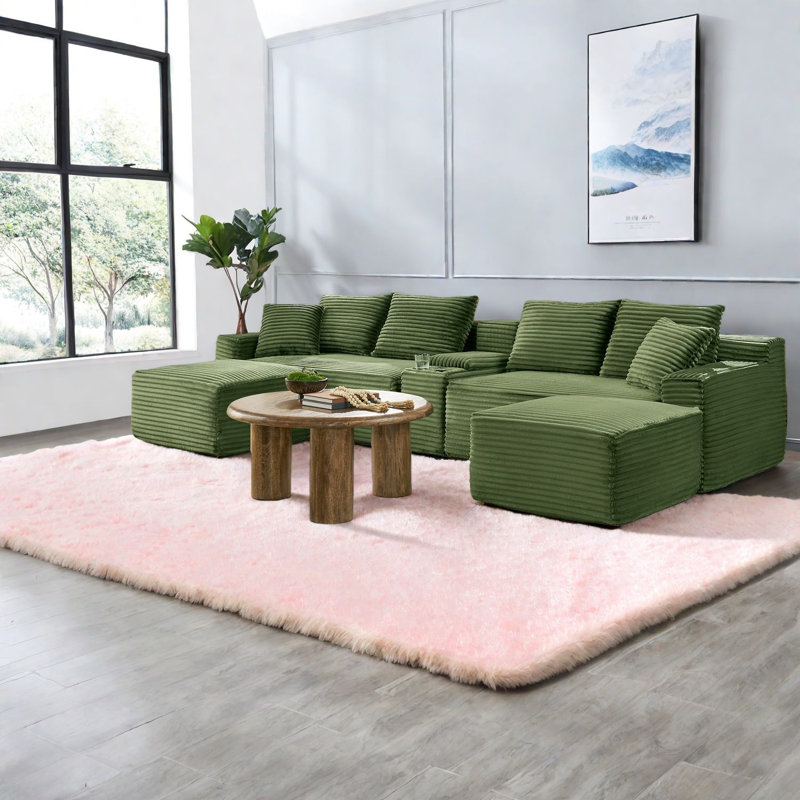 Canapé modulaire multifonctionnel en velours côtelé vert avec rangement USB pour les salons modernes