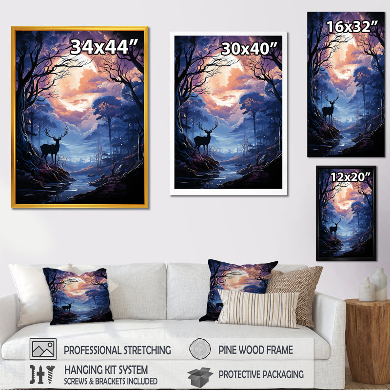 «Deer Moonlit Landscape I - Deer Animal», art mural, Cadre flottant doré, H 32 po x l 24 po x P 1 po