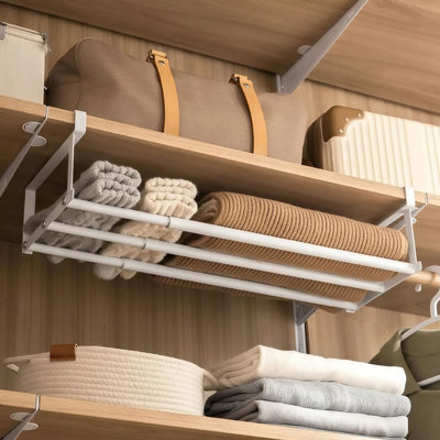 Hanging Storage Rack, White Under Cabinet Hanger, 19.69 - 35.43 Inches Over Shelf Storage for Entryway, Corner, Closet with 2 S-Hooks, Space Saving Organize 