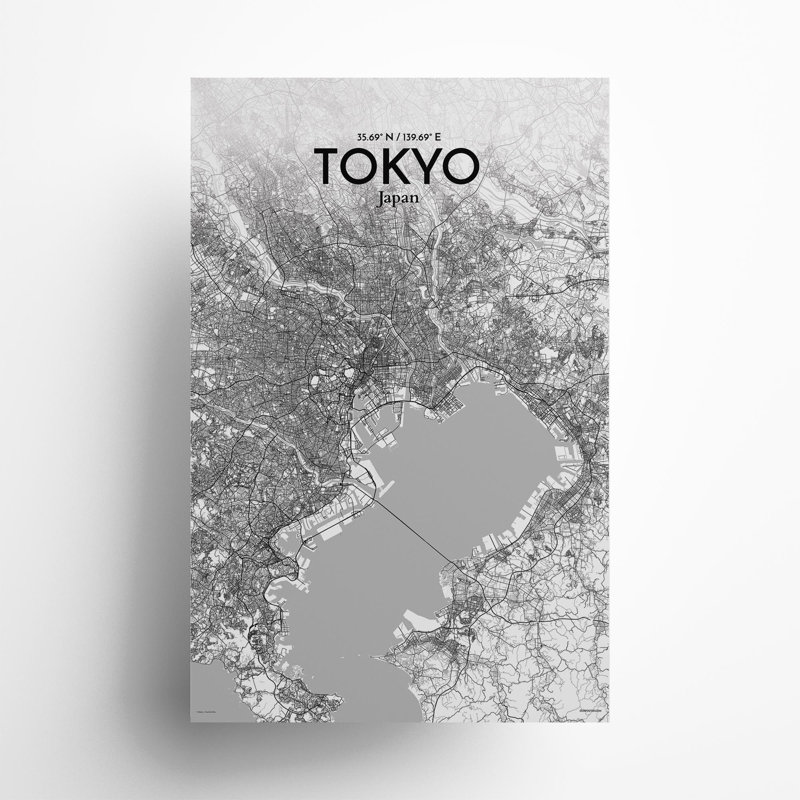 Carte de la ville de Tokyo, impression, H 17 po x l 11 po, Gris / blanc