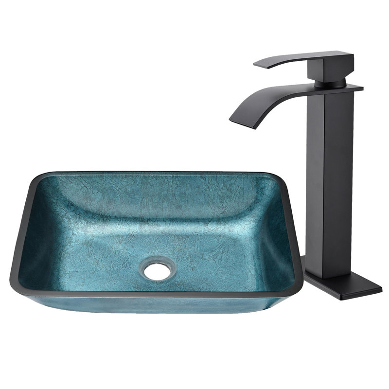 18 in. Rectangular Glass Vessel Sink with Faucet, Matte Black, Matte Black