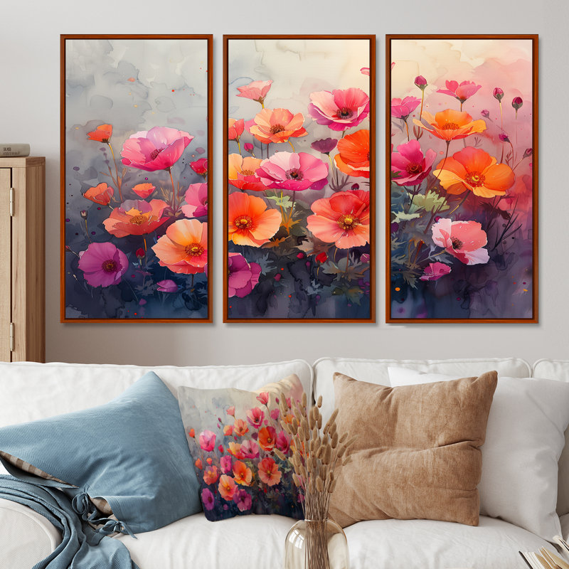 Champs de fleurs roses et orange bouton d'or 3 "pièces, H 28 po x l 36 po, Cadre flottant brun