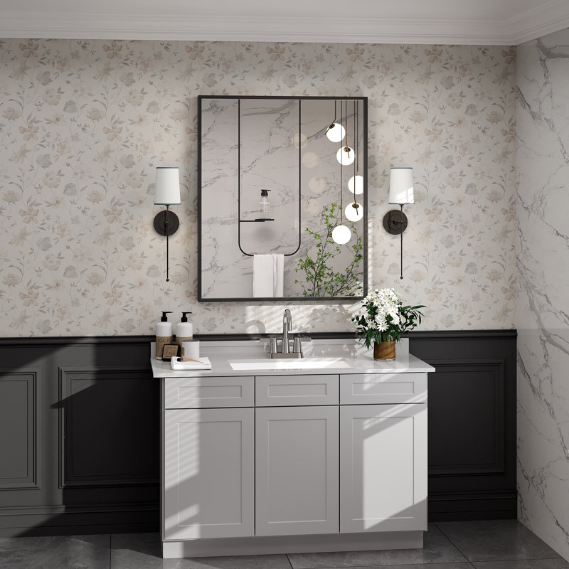 Molly Tempered Glass and Metal  Alloy Square-Corner Framed French Cleat Mounted Wall Bathroom / Vanity Mirror, 36" x 30"