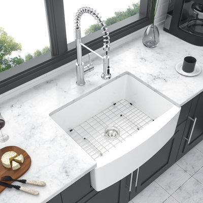 24 Inch White Ceramic Sink - Arch Edge Apron Front Single Bowl For A Strong Build Kitchen 24"