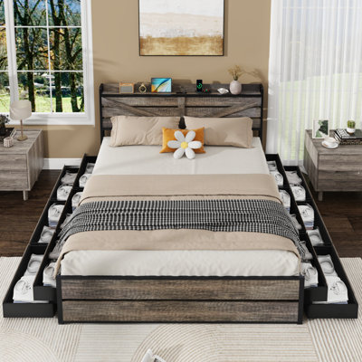 Structure de très grand lit, tête de lit avec rangement et 12 tiroirs, plateforme en métal antidérapante et base de matelas silencieuse, support de nouilles plates en métal massif, aucun sommier requis