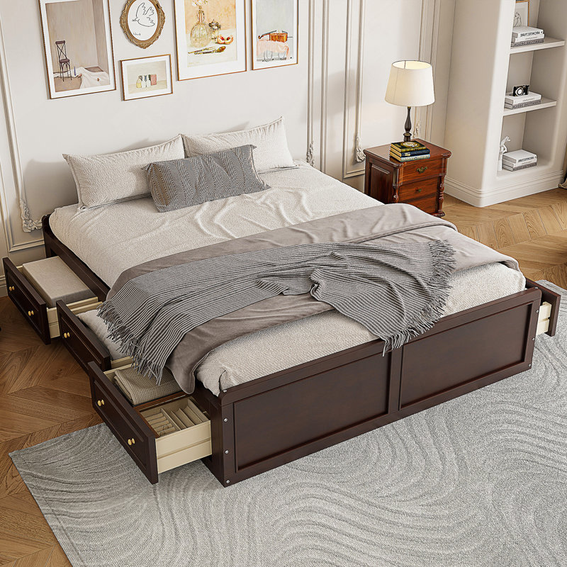 Structure de lit plateforme en bois avec 6 tiroirs, Espresso