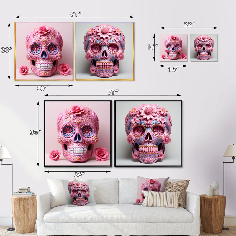 «La Calavera», art mexicain, ensemble de 2 collages carrés, Cadre flottant blanc, H 36 po x l 73 po