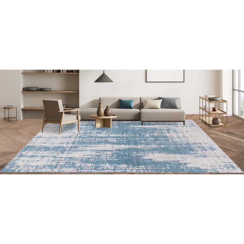 Tapis abstrait en viscose noué à la main blanc / bleu sarcelle, Rectangle 9 pi x 12 pi