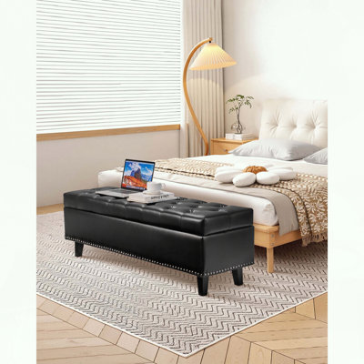 Banc de rangement en similicuir avec pieds en bois d'hévéa