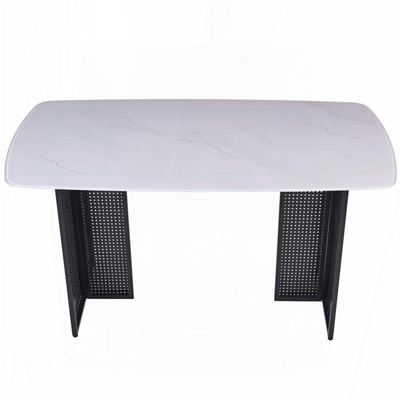 Table de salle à manger rectangulaire en verre trempé - Motif marbré avec pieds en métal évidé noirs, Blanc/Noir