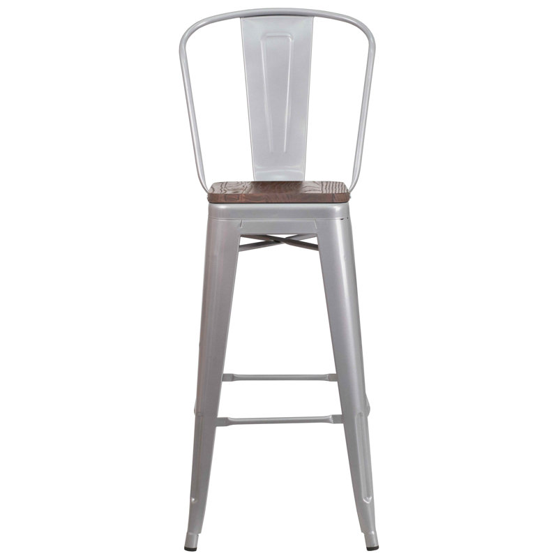 Marian Metal Bar or Counter Height Stool with Back and Wood Seat, Silver, Bar Stool (30" Seat Height), 1