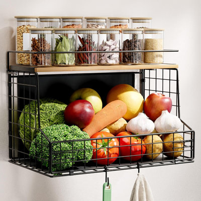 Grande étagère magnétique pour réfrigérateur / porte-épices et panier à fruits avec couvercle en bois, organisateur de cuisine et de garde-manger pour fruits, légumes, pommes de terre, oignons et épices
