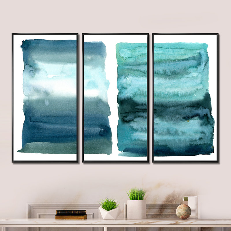 «Ocean Blue Aquatic Abstract Impression II», ensemble d'art mural moderne sur toile encadrée, H 32 po x l 48 po x P 1 po