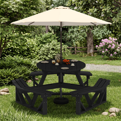 Ensemble de table de pique-nique d'extérieur HDPE pour 6 personnes, banc de patio hexagonal tout-en-un avec plateau rond pour terrasse de jardin