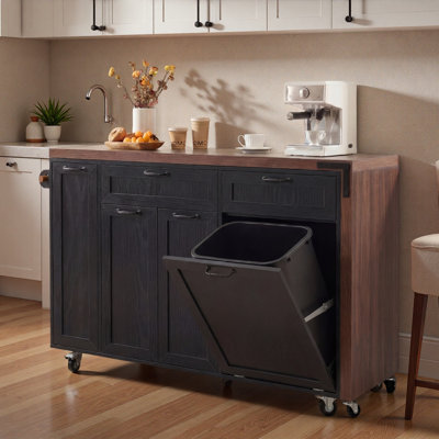 Îlot de cuisine mobile avec table de salle à manger extensible, armoire de rangement pour poubelles, étagère à épices coulissante à 3 niveaux et Whee