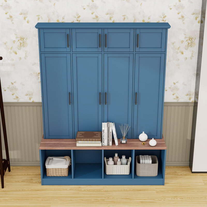 4-in-1 Hall Tree with 4 Hidden Hanging Hooks, Seating Bench and Doors, Blue