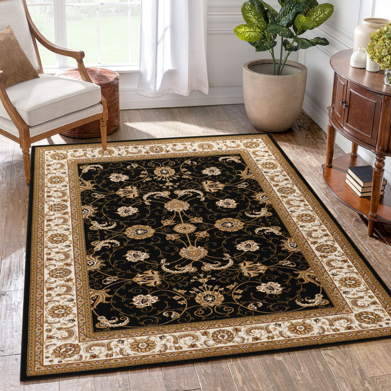 Tapis luxueux en polypropylène noir à motif élégant pour les salons et les espaces très passants