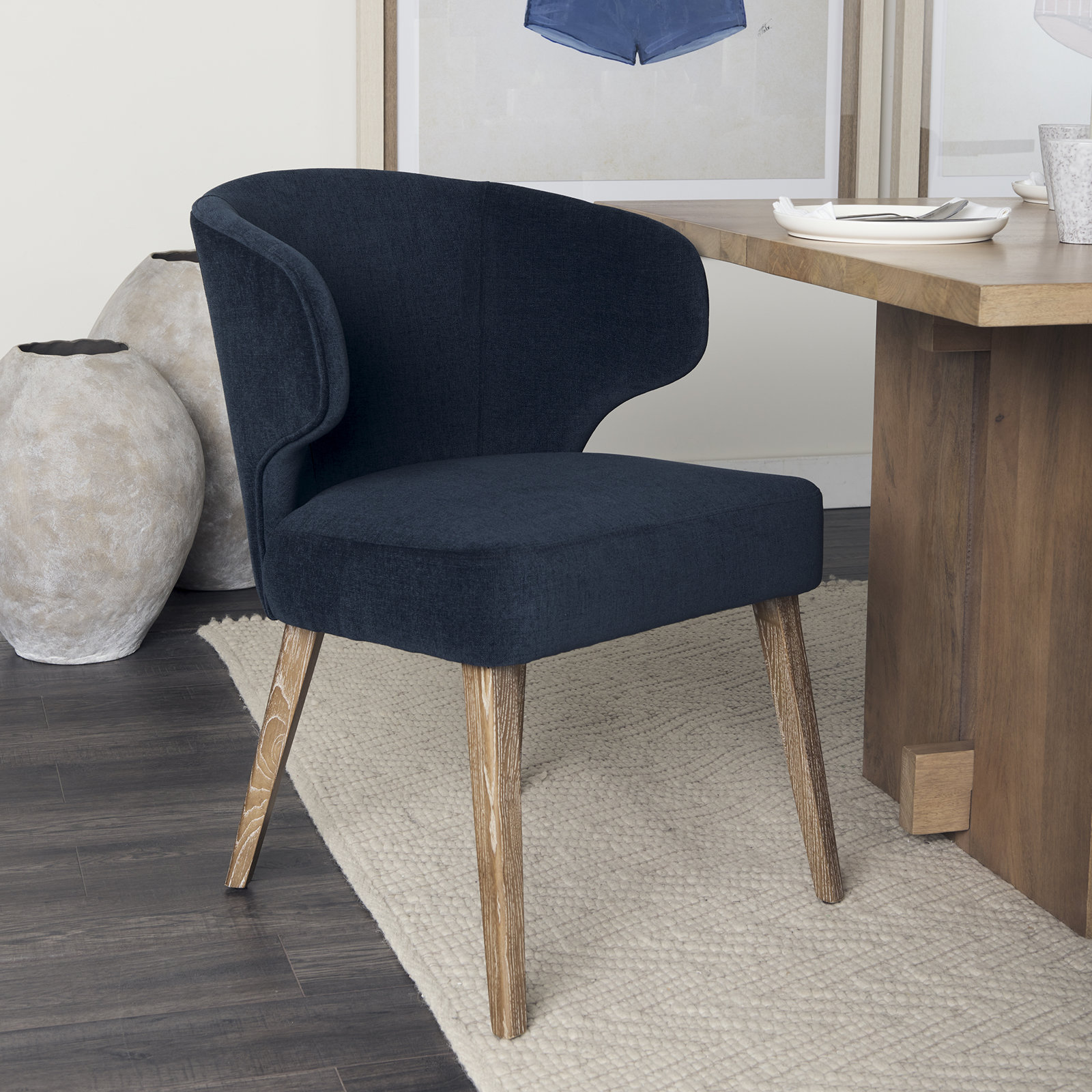 Golino Fabric Upholstered Wingback Side Chair, Medium Brown, Navy